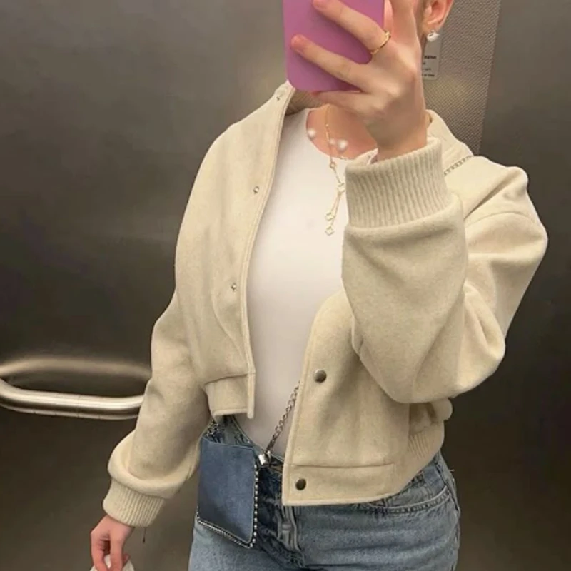 HXAO Demi-Season Women's Bomber Jacket Faux Wool Coats Cropped Jacket Long Sleeve Aviator Jacket Woman Outerwear Button Jacket