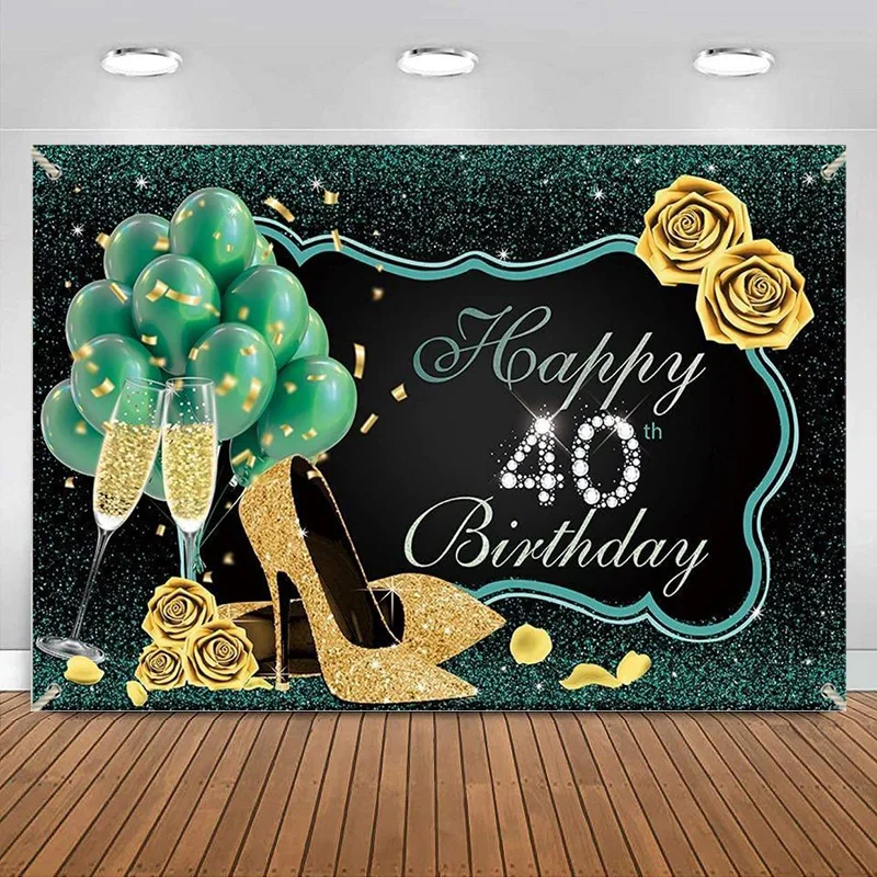 Happy 40th Birthday Backdrop Green and Black Women Party Background High Heels Gold Rose Supplies Banner Decoration Photography