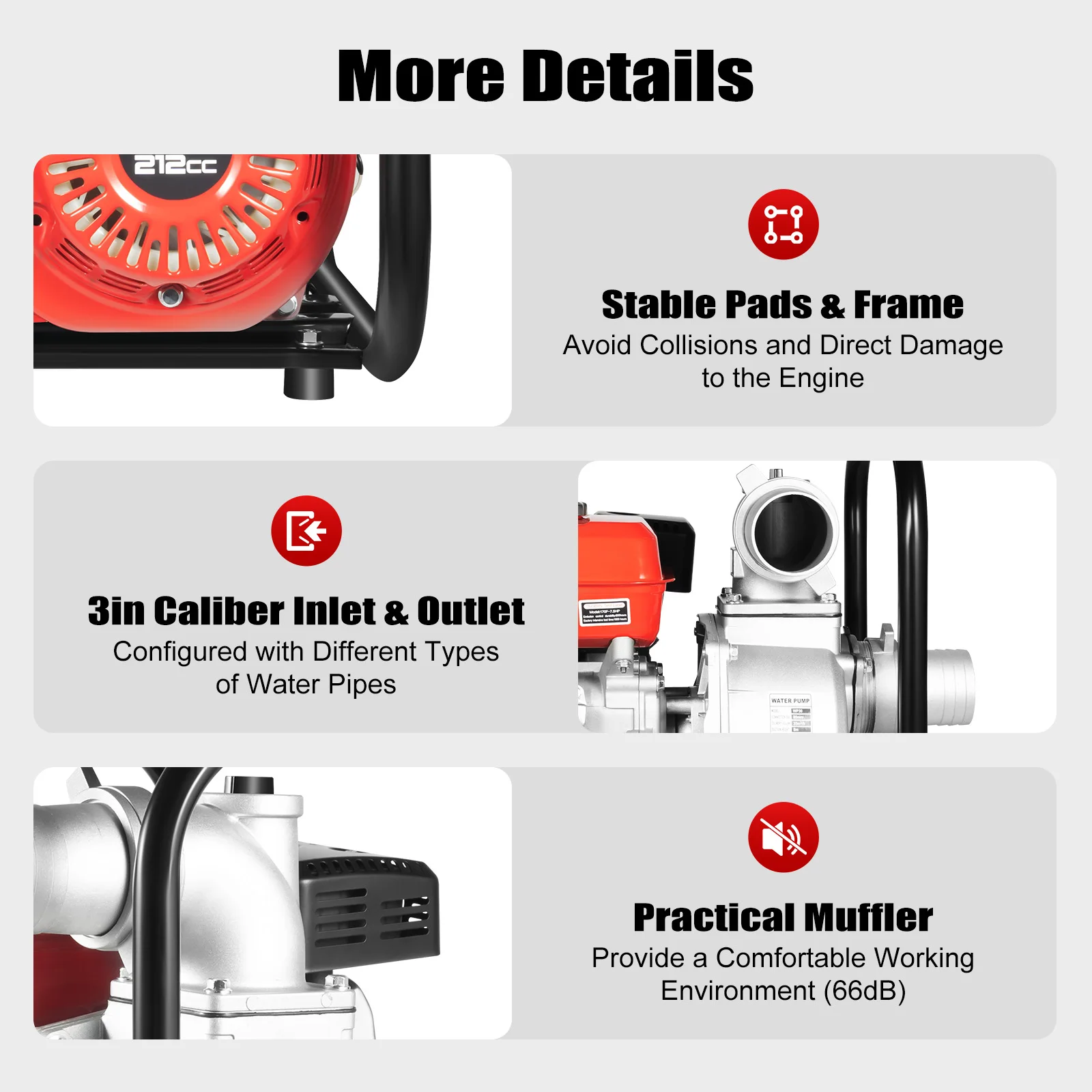 Red And Black Gasoline Engine Water Pump(19.2914.7615.95In) - 3600RPM Speed&Water Pipe Included, 212cc Displacement&Filter
