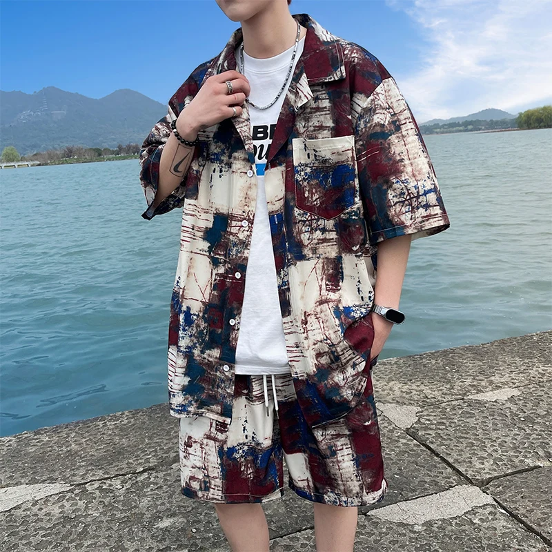 

Short Sleeves+Shorts 2026 Summer New Men'S Fashion shirt men Trend Loose Casual Breathable Beach Print High Quality Suit M-5XL