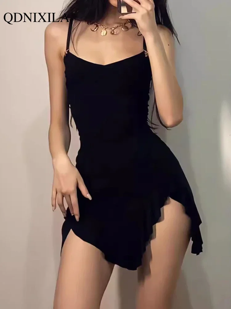 New Summer Women Dresses Hot Girl Sexy Korean Fashion Elegant Evening Party Sleeveless Vintage Slit Slim Black Short Strap Dress