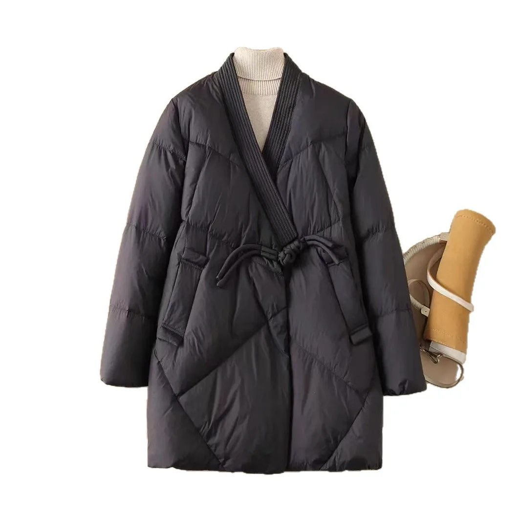 Winter Fashion New Women's Down Jacket V-neck Commuter Retro Jacket