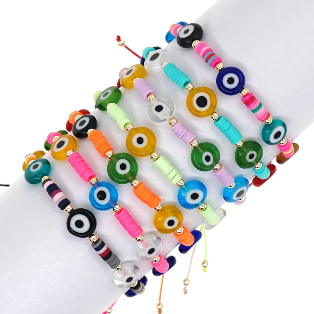 Go2Boho 4mm Heishi Disc Beaded Bracelets Multicolor Liuli Eye Bracelet for Women Lucky Fashion Summer Boho Jewelry