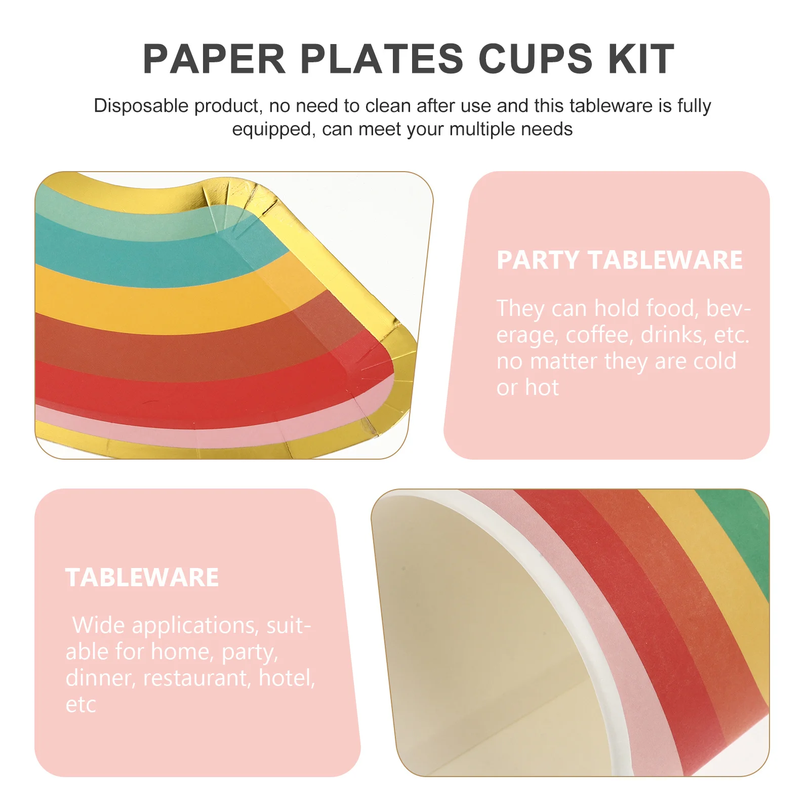 1Set Colorful Rainbow Paper Plates Cups Disposable Party Tableware Supplies for Home Dinner Party Restaurant Use