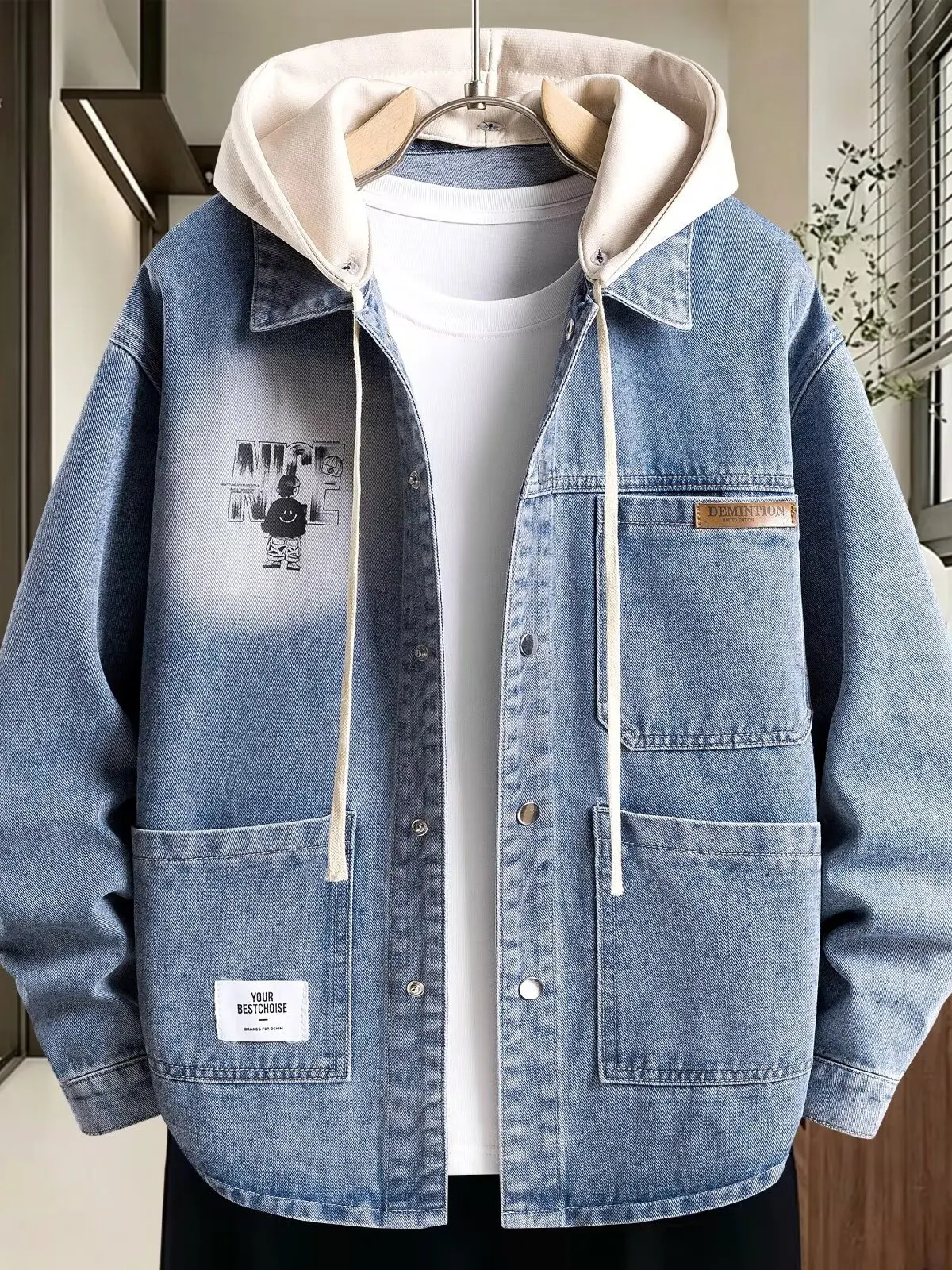 Casual Loose Men's Denim Jacket Spring Autumn Hooded Trendy Teenage Student Outerwear Versatile Warm Anti-soil Long Sleeve Shirt