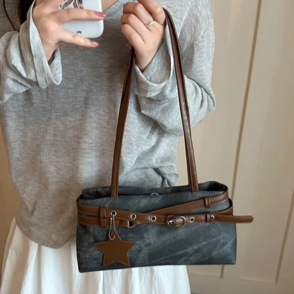 Vintage Tie-Dye Y2K Shoulder Bag With Metal Buckle Belt Star Pendant Women Handbag Solid Color Korean Style Underarm Bag Women