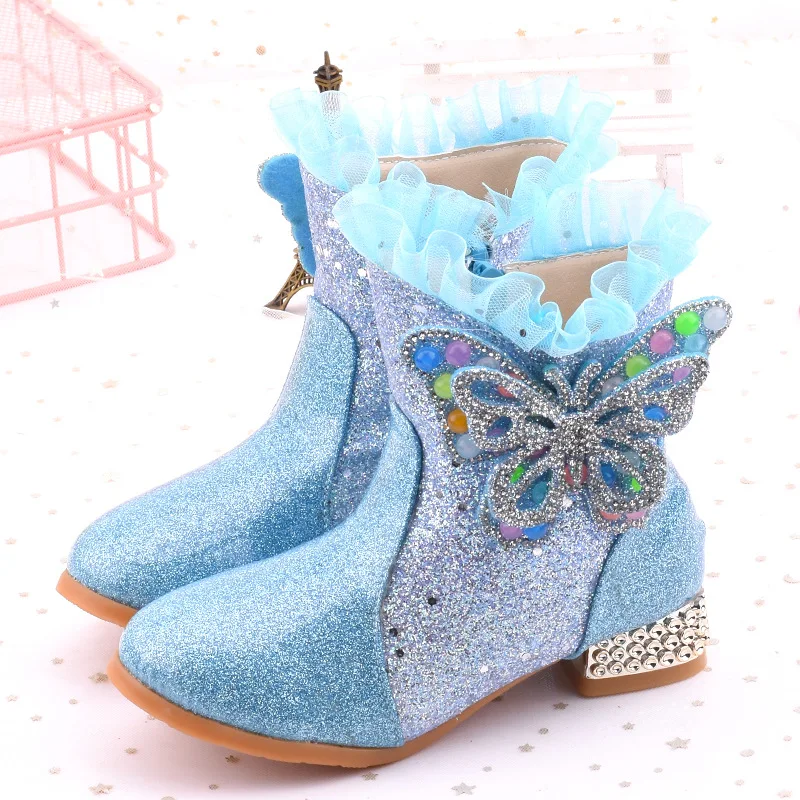 Girls Princess Boots 2025 Winter Children's High Heel Boots Sequins Rhinestone Bowknot Booties Warm Plush Kids Snow Boots 27-38