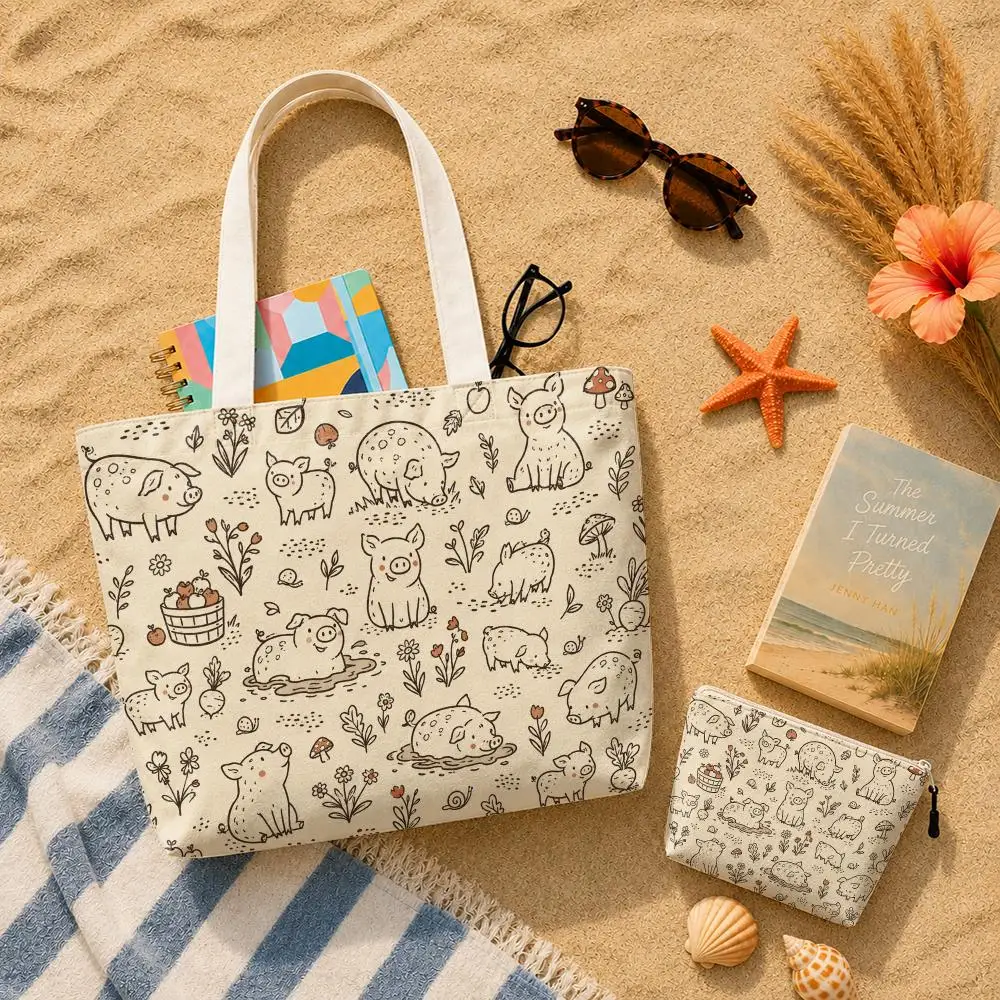 Rustic Farm Animal Seamless Storage Bags 2-Piece Set Double-Sided Canvas Tote Bags with Zipper Shopping Shoulder Handbags