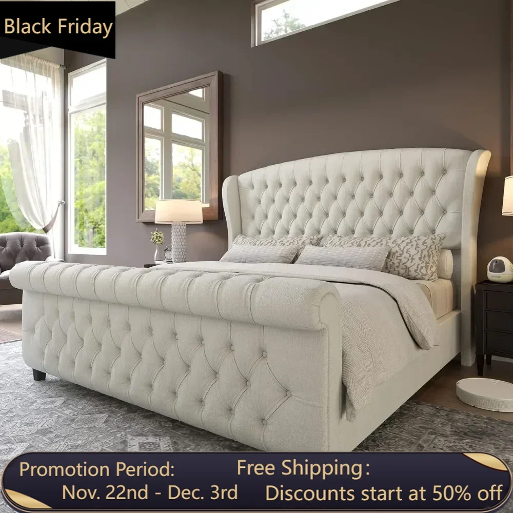 Queen Size Platform Bed Frame, Chenille Upholstered Sleigh Bed with Scroll Wingback Headboard & Footboard/No Box Spring Required