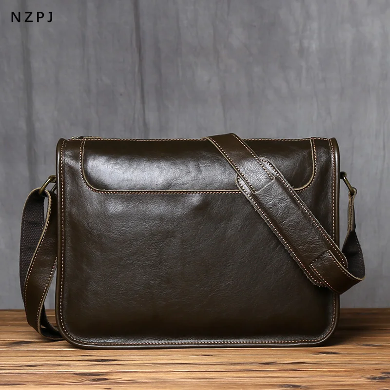 NZPJ Retro Genuine Leather Men's Shoulder Bag Natural Top Layer Cowhide Crossbody bag Leisure Tablet Bag For 13 Inch IPad