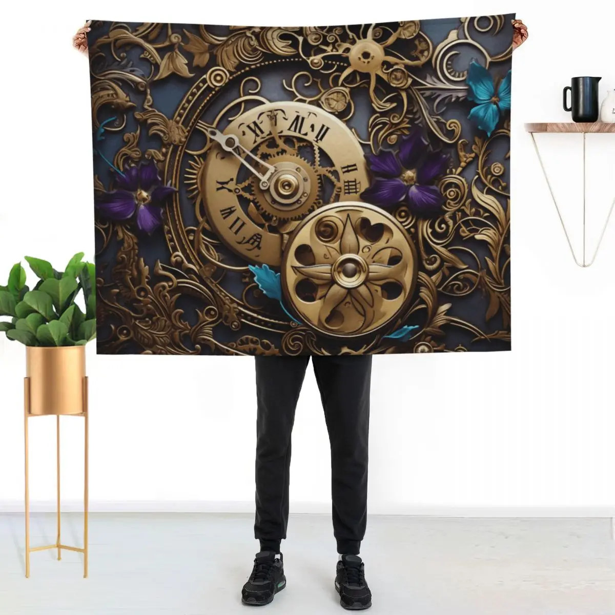 

Steampunk Flowers and Rusty Clockwork with Dark Background Throw Blanket Soft Comfort Blanket for Reading Watching TV