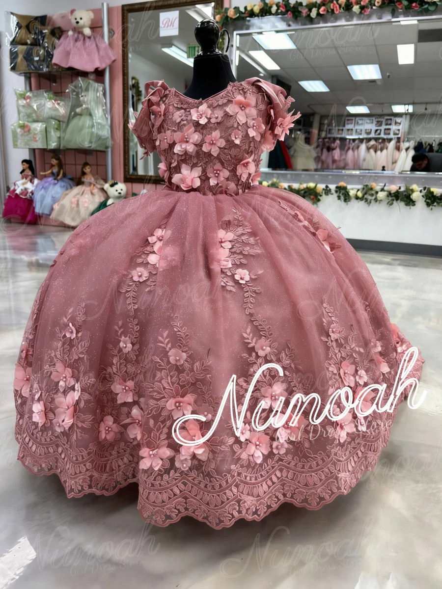 Luxury Flower Girl Dress For Wedding Lace Appliques Girl Birthday Party with Trail Bow First Holy Communion Gown Customized