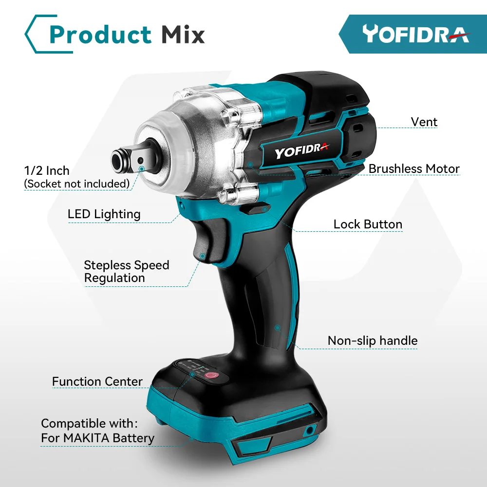 520N.M Brushless Electric Impact Wrench Rechargeable Handheld 1/2 inch 3 Speed Adjustable Power Tools For Makita 18V Battery