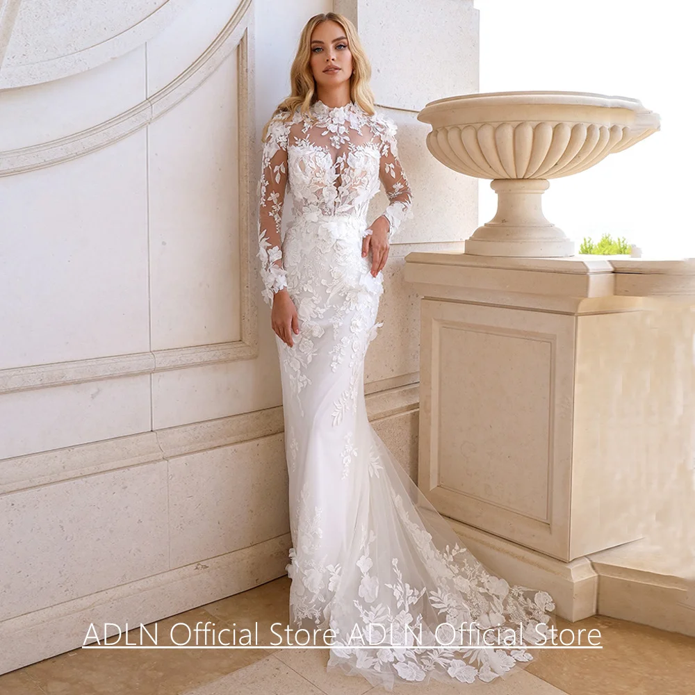 Romantic Lace Mermaid Wedding Dresses Customized Long Sleeves High Neck 3d Flowers Applique Sweep Train Bridal Gown Bride