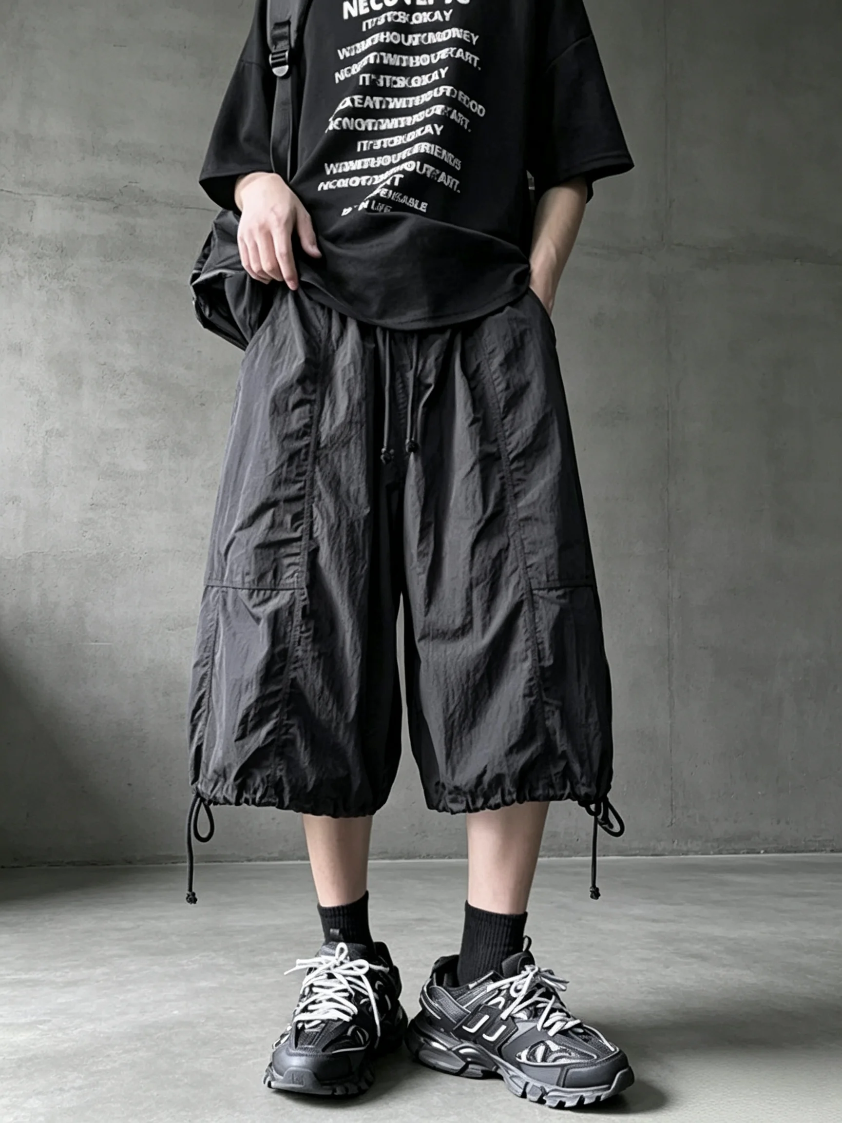 Japanese Yamamoto Style Workwear 7-crop Pants for Men's Summer Thin Loose Wide-leg Shorts Over-knee Casual Pants Underwear Top
