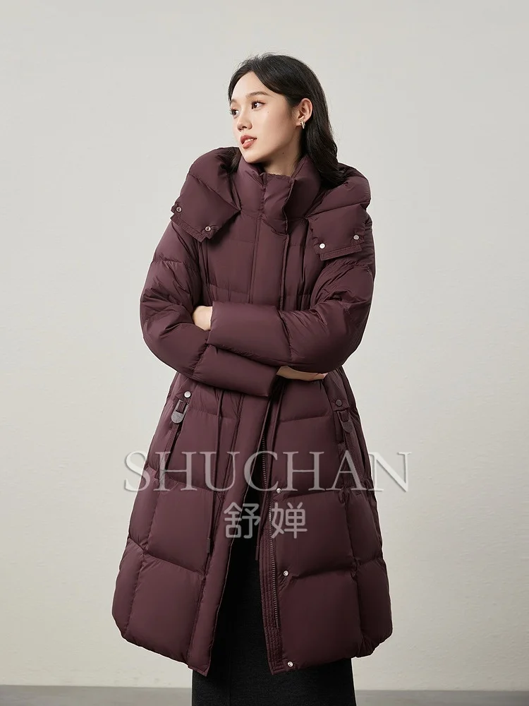 

Light and Warm, Winter Warmth Full of 90 White Duck Down Waist Hem Adjustable Stand-up Collar Hooded Down Jacket Women