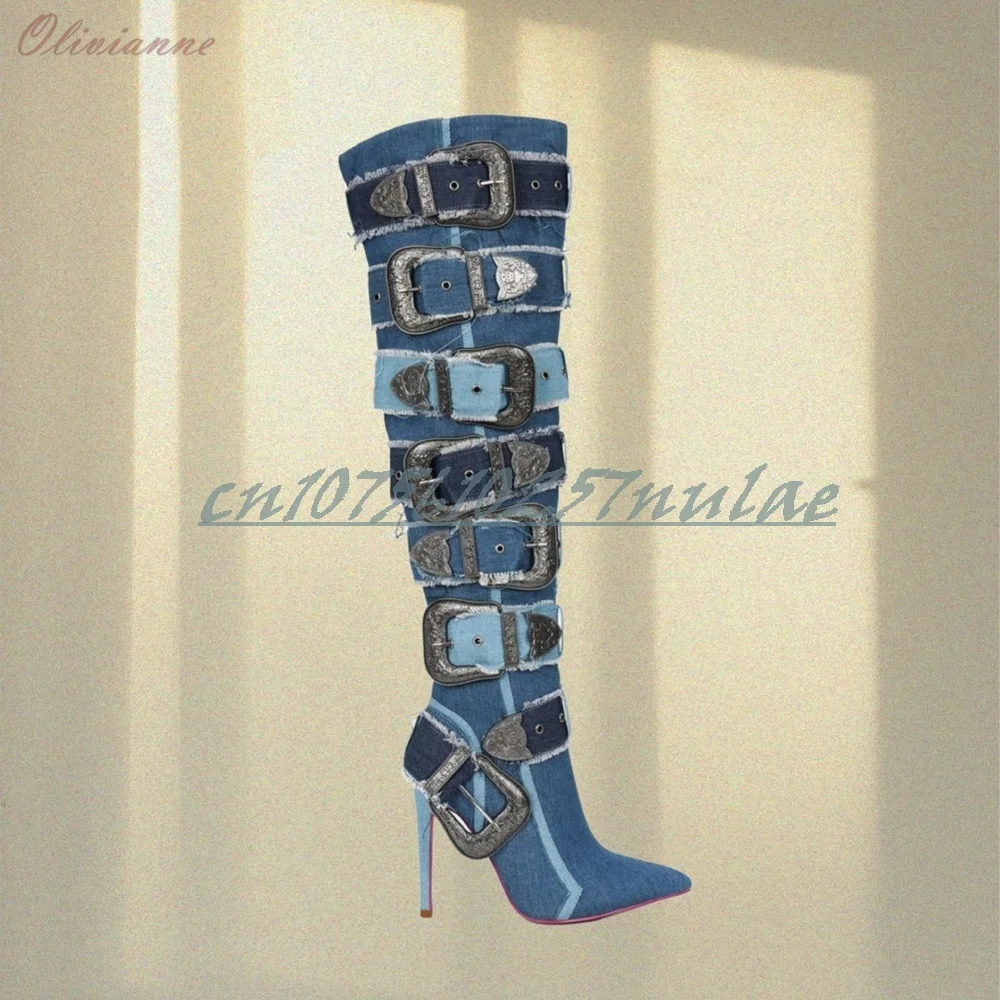 

Blue Demin Buckle Belts Strap Knee High Boots Pointy Stiletto High Heel Sexy Fashion Hot Girls Women Shoes 2025 New Para Mujere