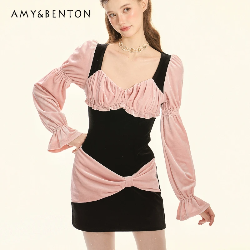 

Vintage Design Pink Bow Splicing Velvet Women's Dress 2025 Autumn Winter Sweet Temperament Slimming Long Sleeve Dresses Ladies