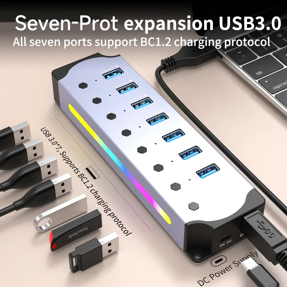 

7-in-1 RGB Aluminum Alloy USB 3.0 HUB with 5gbps Fast Transmission Splitter BC 1.2 Charging Protocol Computer Expansion Dock