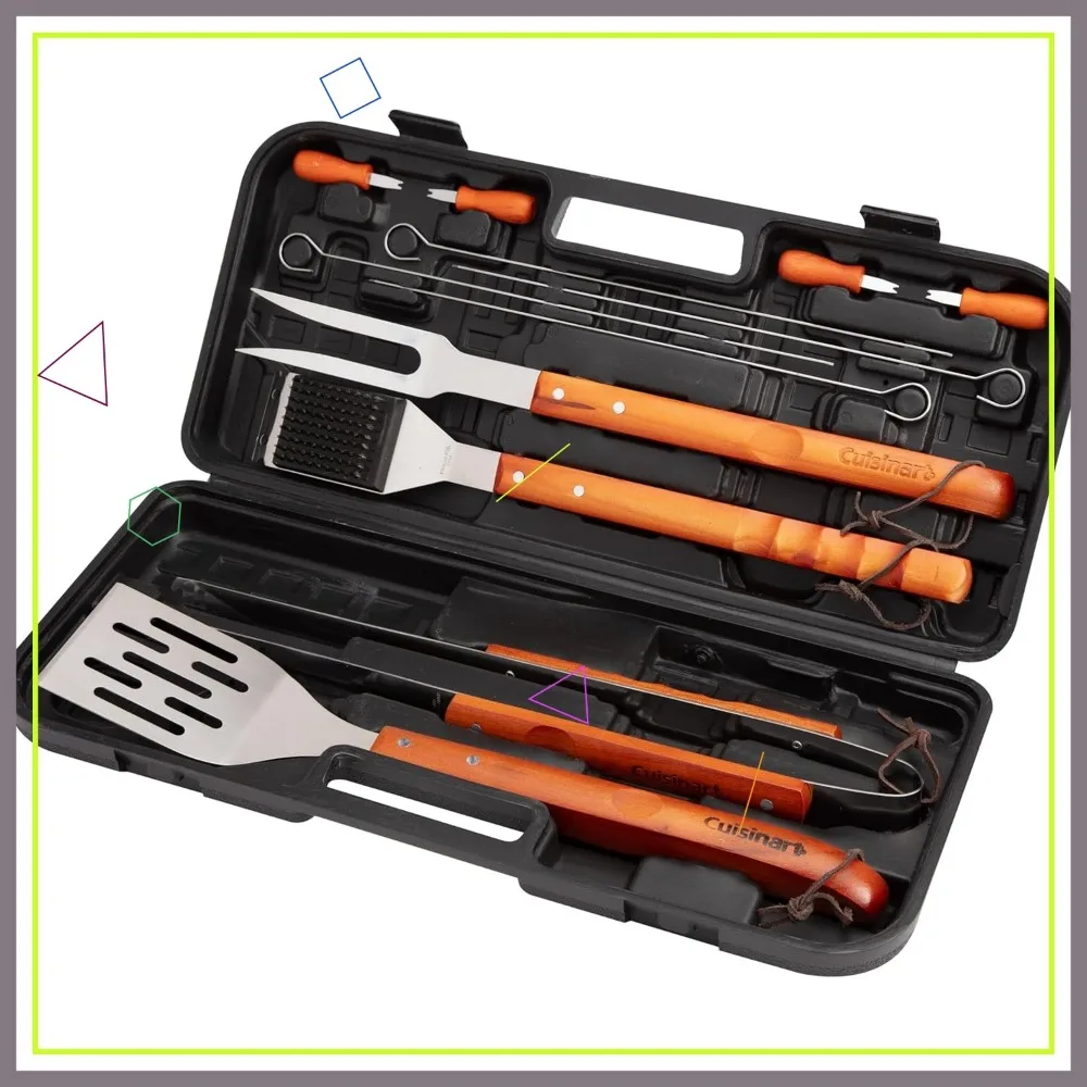 

13-Piece Wooden Grill Tool Set, BBQ Accessories with Stainless-Steel Utensils and Case, Spatula, Tongs, Cleaning Brush