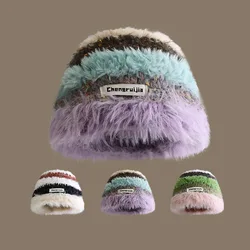 Women Bright Striped Beanie Furry Bucket Hats Winter Warm Fluffy Plush Panama Caps Soft Warm Faux Fur Fisherman Hat Women Gorras