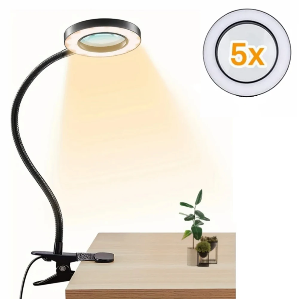 Magnifier Eye-Care Reading Lamp USB LED Desk Lamp 5 Times Portable Table Lamp Magnifying Glass with clip for Bedside Work