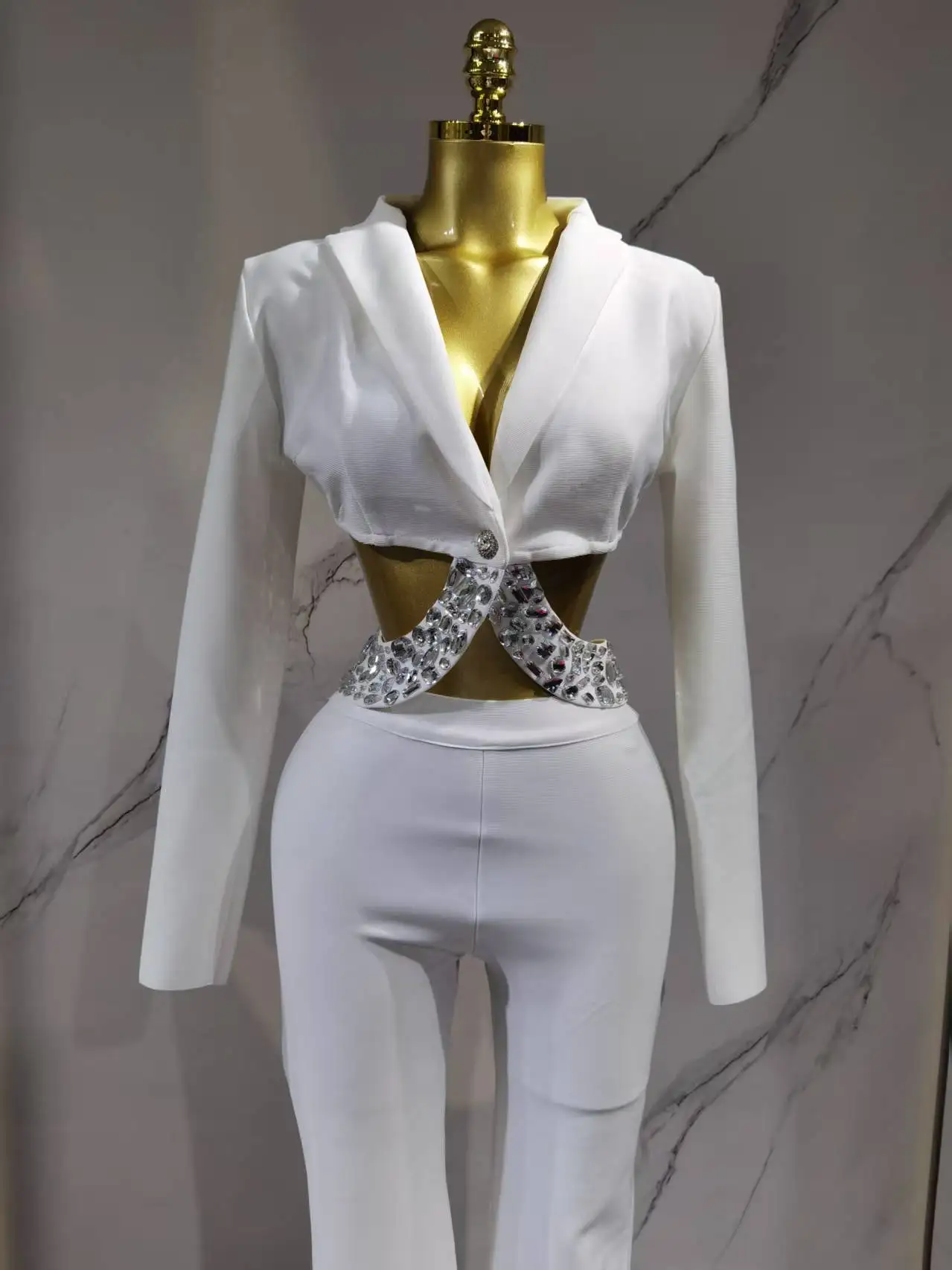 

Women Sexy Long Sleeve Beading Bodycon Two Pieces Pants Bandage Set2025 Celebrity Designer Fashion Women's Luxury Birthday Set