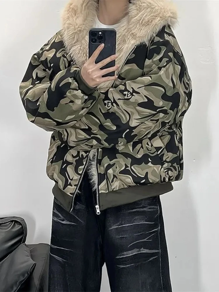 للجنسين الشتاء التمويه قماش الفراء طوق معطف شيربا اصطف المتضخم البخاخ مقنعين سترة زوجين مطابقة الشارع القطن سترات #2