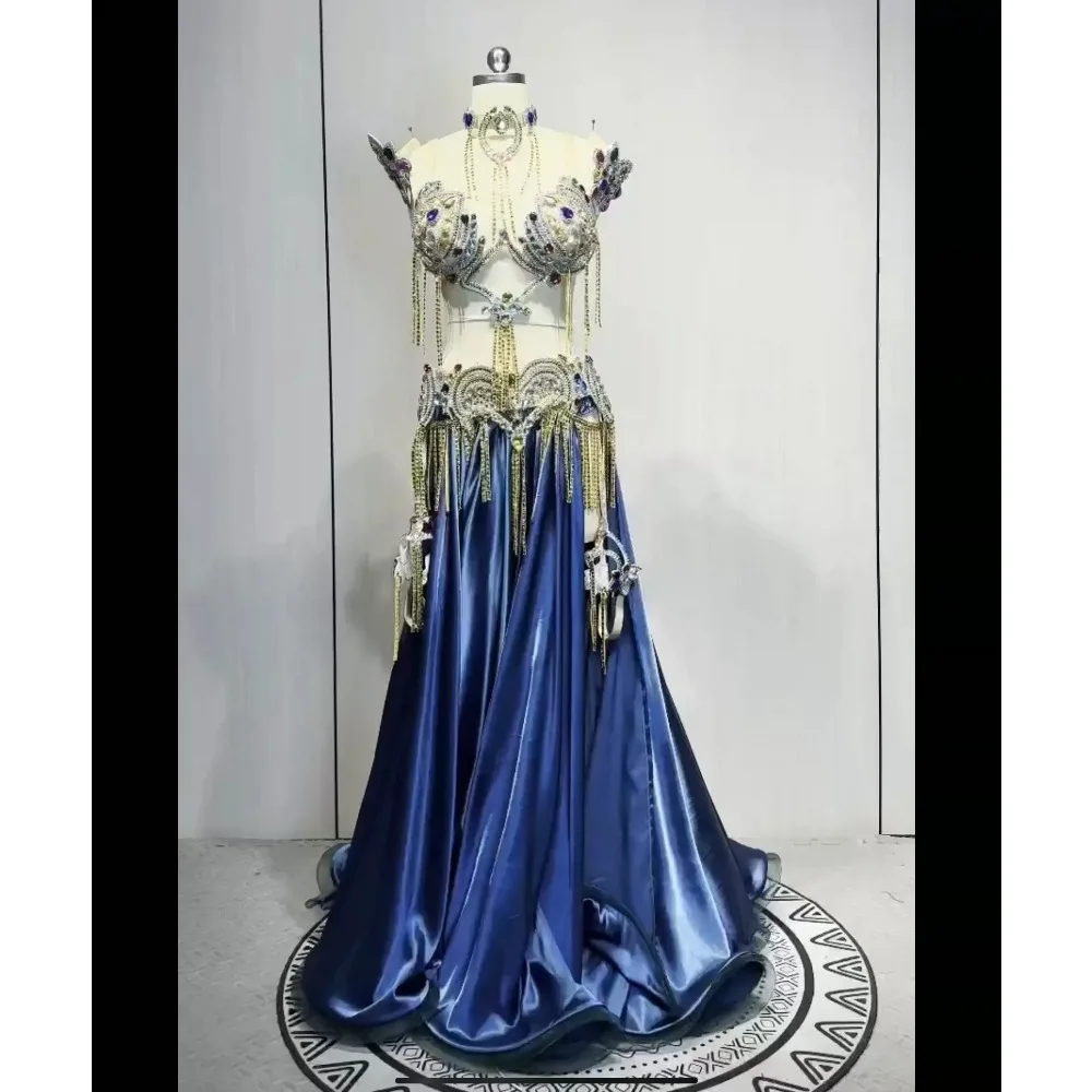 BellyDance Suit Embroidery Diamond Bra Split Fishtail Skirt Performance Set Custom Adult Child Competition Clothing Accessories