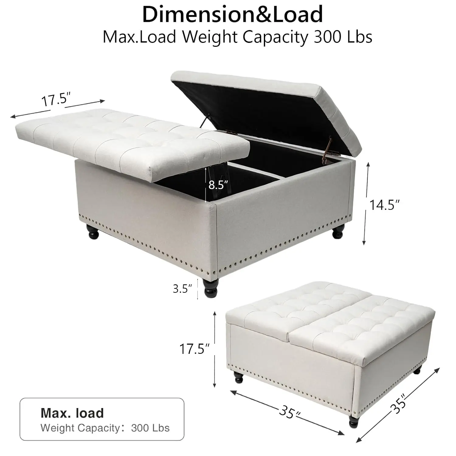 Large Square Storage Ottoman Tufted Coffee Table Lift Top Solid Wood Legs Cushioned Edges Kids Safe for Living Room, Customized