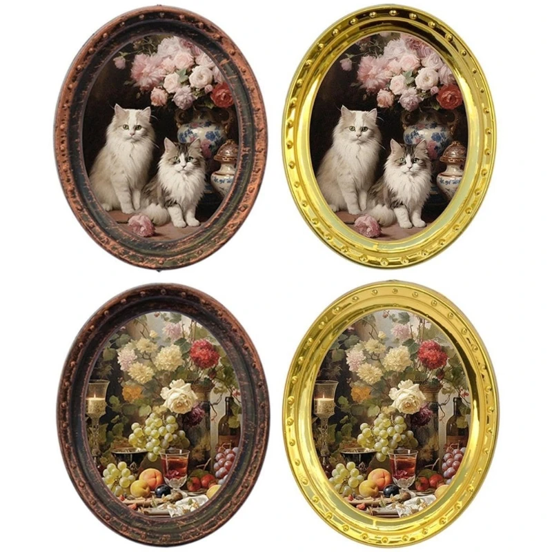 

4PCS Iron Miniature Picture Frame Cats And Flower Design Oil Painting Photo Frame Realistic 1/12 Doll House Wall Art 15UB