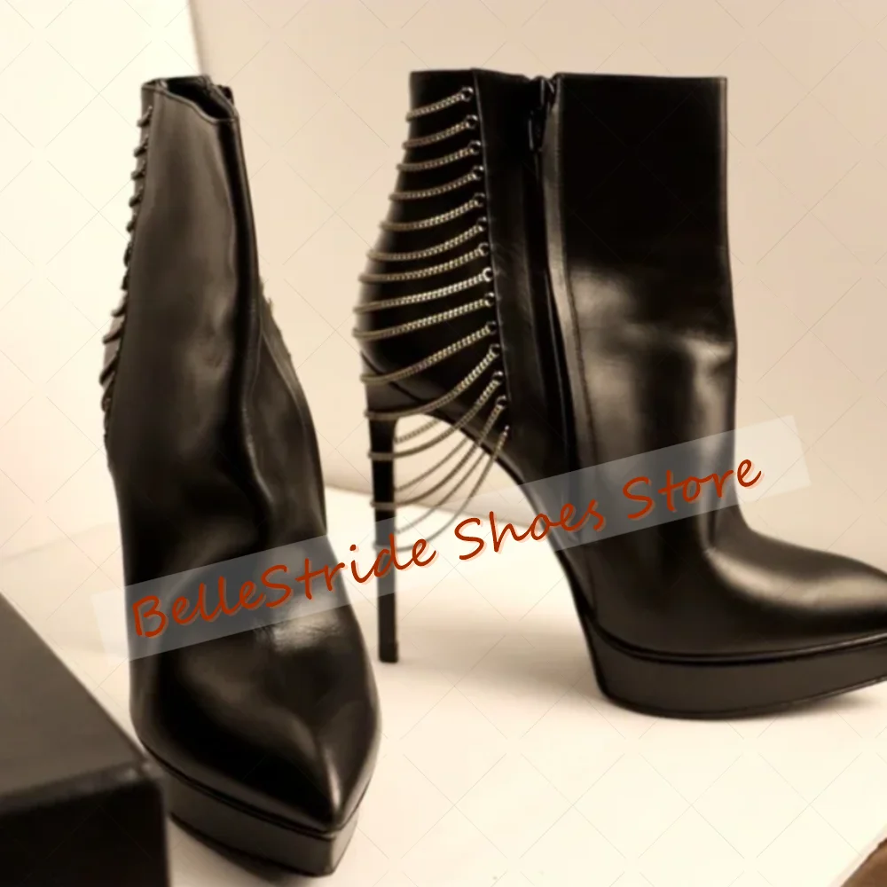 

Black Chain Decor Pointed Toe Boots Matte Leather Women Shoes Stilettos High Heels Party Banquet Dating 2025 Zapatos Para Mujere