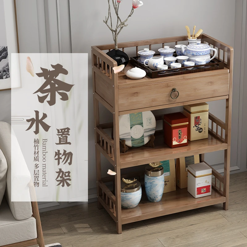Bamboo and wood shelves, movable living room floor-to-ceiling bamboo cart, kitchen storage cabinet, multi-layer simple tea shelv