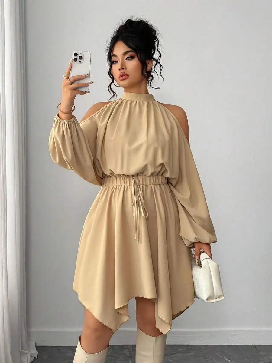 

Beige Off-Shoulder Lantern Sleeve Dress with Asymmetrical Hem and Drawstring Waist