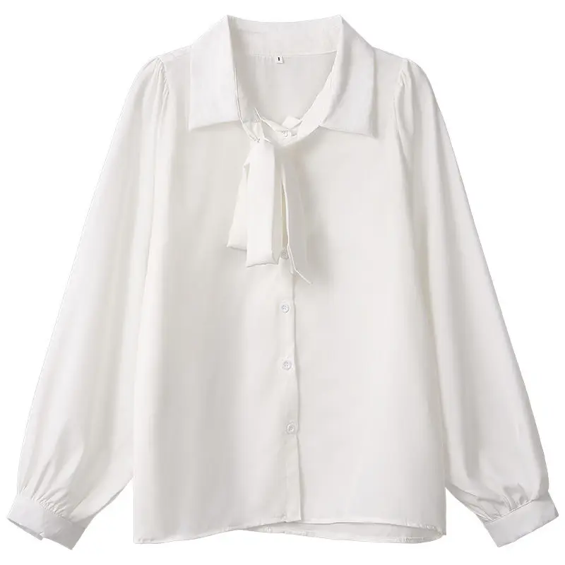 Temperamento bianco fiocco allacciatura camicia top primavera autunno nuova manica lunga solido allentato elegante camicetta moda donna coreana