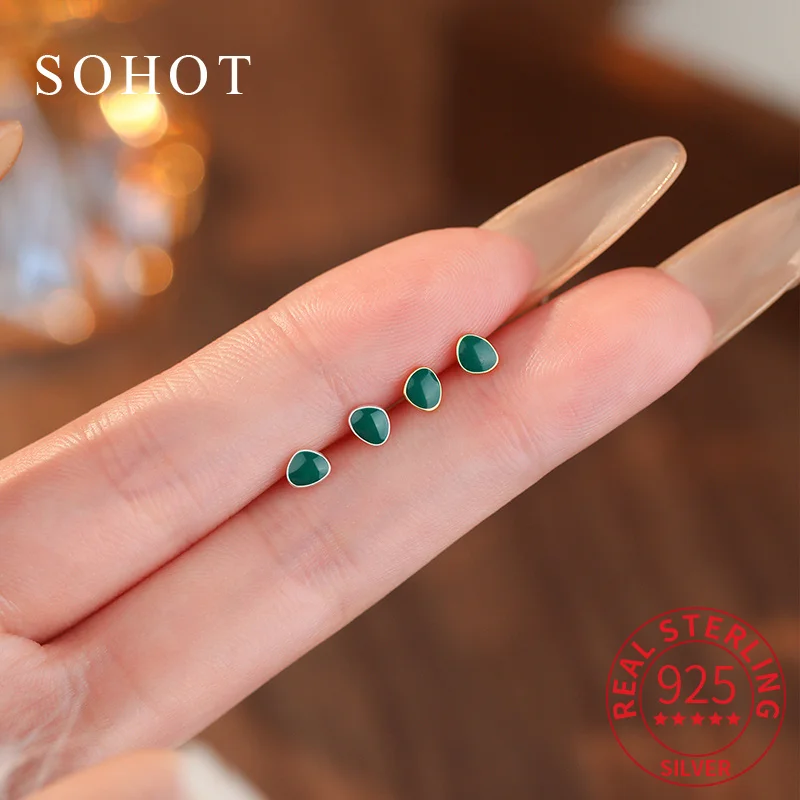 

Real 925 Sterling Silver Mini Luxurious Geometric Enamel Stud Earrings for Fashion Women Trendy Fine Jewelry Party Accessory