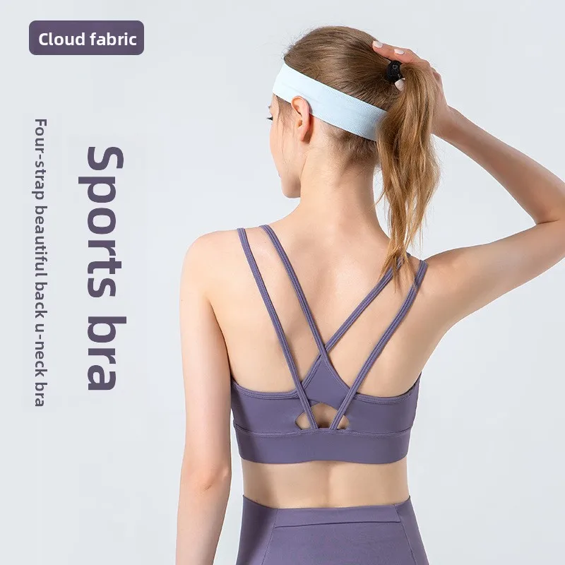 Women Cross Back Medium Support Sports Bra Thin Strap Padded Solid Color Fitness Gym Yoga Summer Sports Underwear