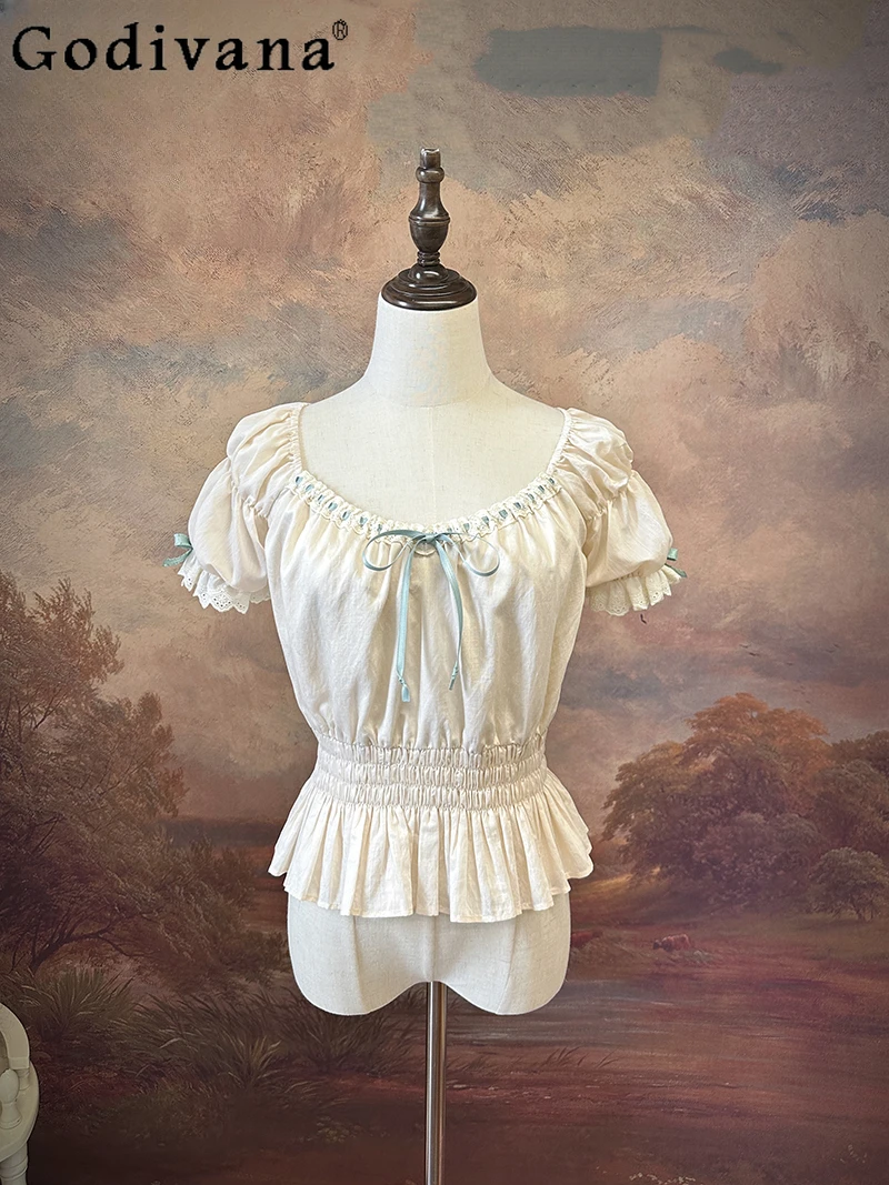 

Japanese Bow Bandage Ruffles Lolita Shirt Girly Sweet Y2k Waist-Controlled Slim-Fit Elegant White Blouses Women Off-Shoulder Top