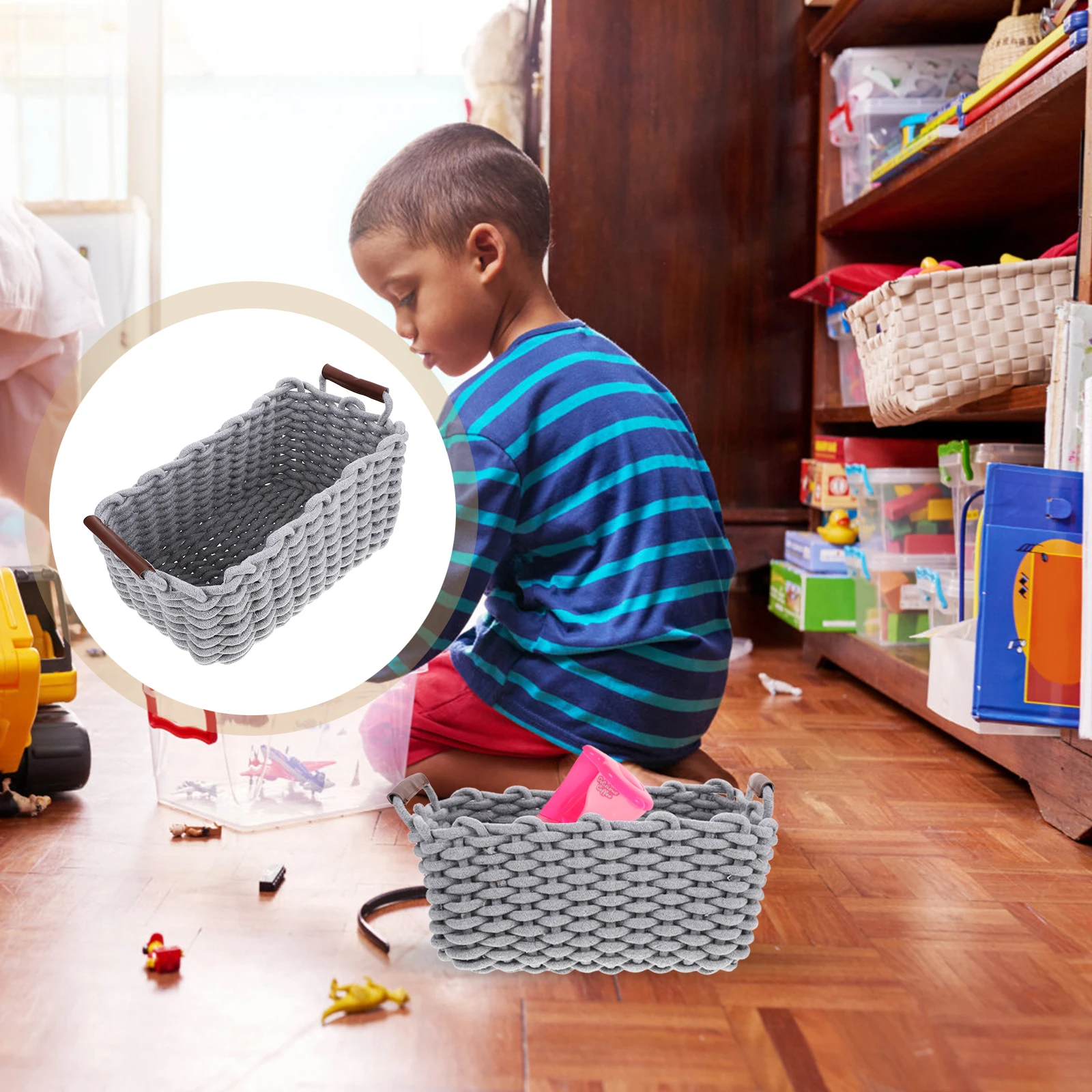 

Basket Storage Box Cotton Rope Woven Snack Organizer Spices for Shelves Makeup Grey Baby