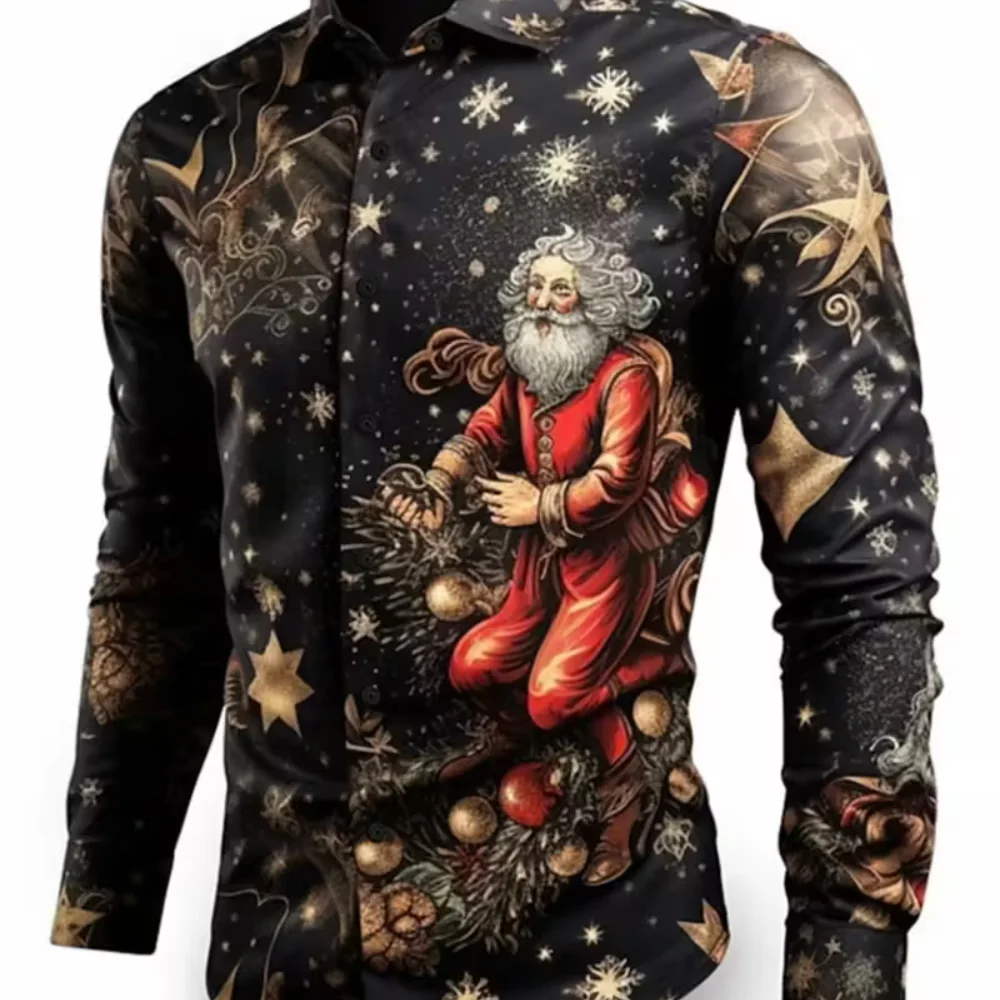 

Men's Holiday Purple Christmas Shirt with Snowflake Design - Stylish Long-Sleeve Button-Down Collar, Polyester Blend, Suitable f