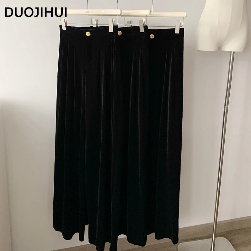 DUOJIHUI czarne jesienne w stylu Vintage z wysokim stanem spodnie dla kobiet nowe luźne czyste kolory proste w stylu Basic Casual damskie spodnie z szerokimi nogawkami