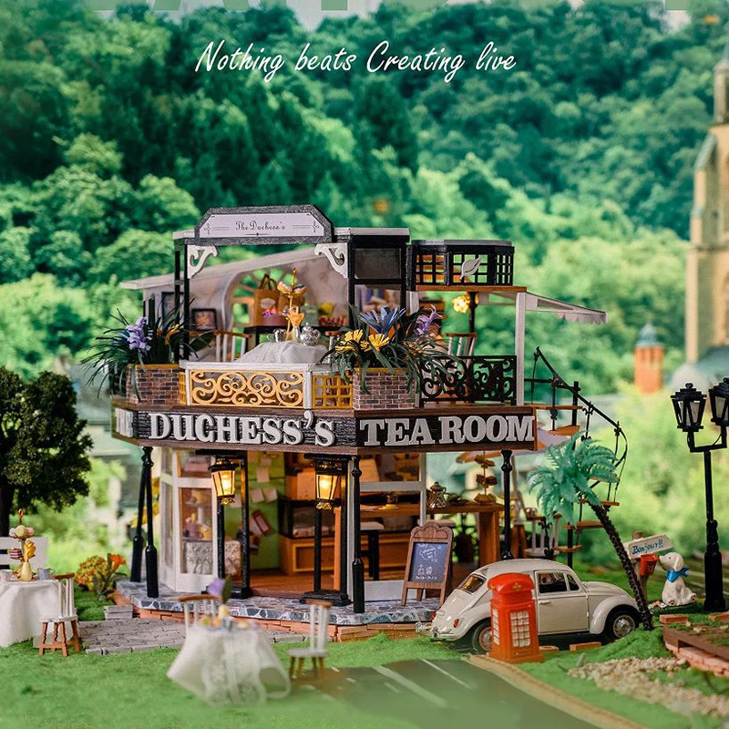 

DIY Teahouse Wooden Dollhouse Miniature With Furniture Kit Cat Pet Shop Assemble Toy Houses Children Adult Birthday Gift Casa