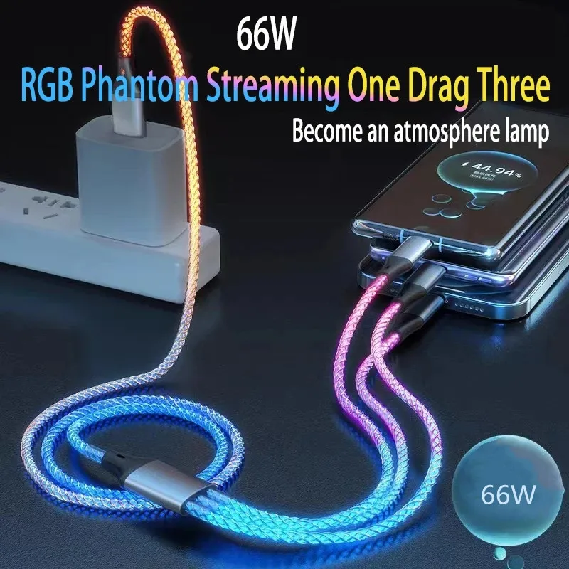 1 pieza cable de carga rápida RGB con luz de respiración degradada 66W tipo C para iPhone 15 Xiaomi Samsung POCO PD 4