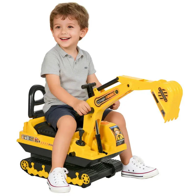 Qaba No Power, excavadora de juguete montable, tractor, retroexcavadora, patinete móvil, andador, juego de simulación, camión de construcción para niños pequeños, con cesta de almacenamiento, para niños y niñas de 18 a 48 meses, amarillo y negro