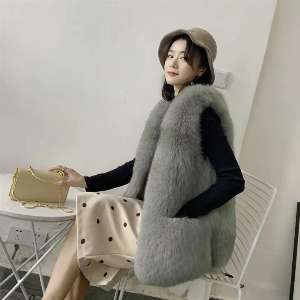 2024 New Season Women's Spring and Autumn Long Imitation Fox Hair Vest Warm  Sleeveless Jacket Young Casual Coat R22