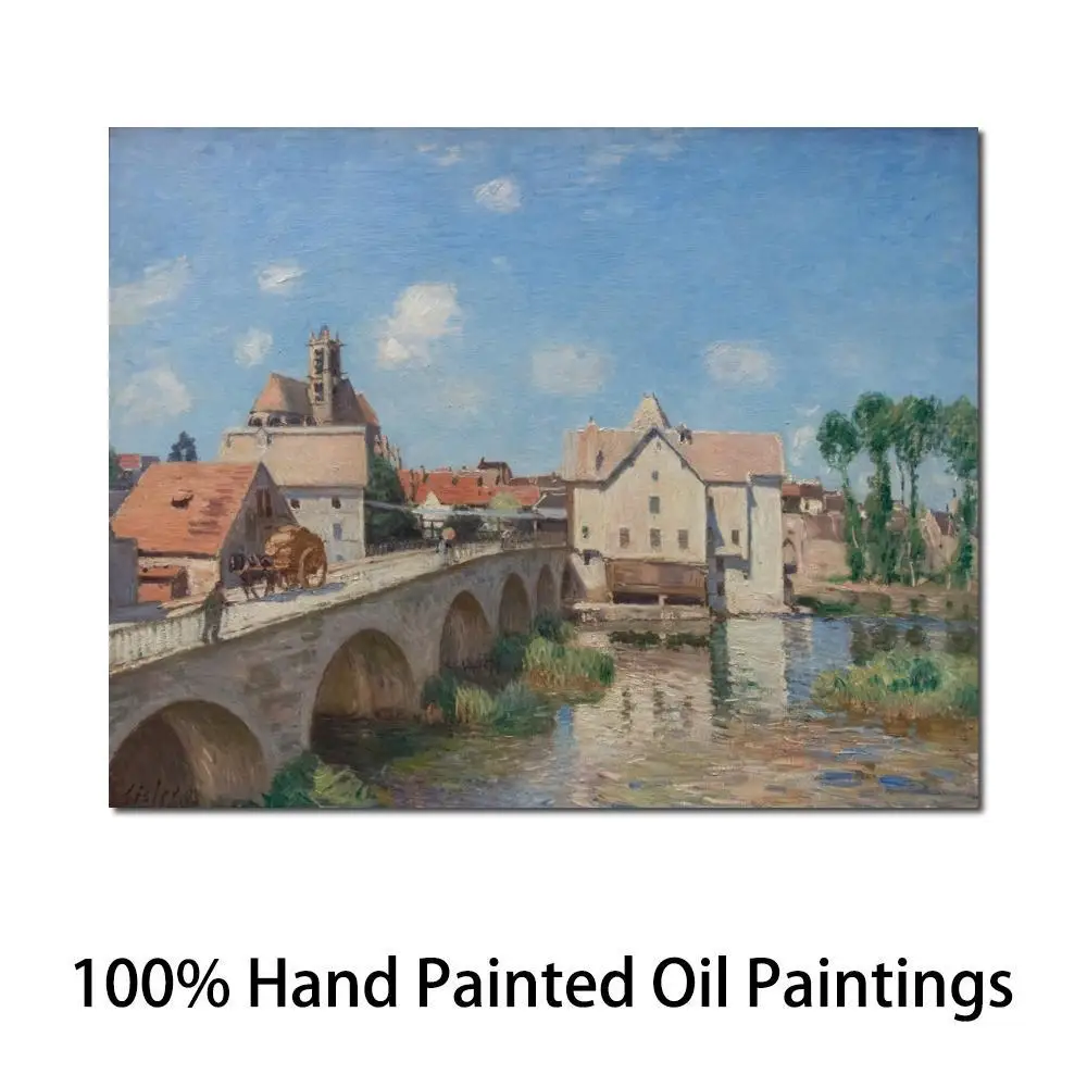 High Quality Canvas Art Handmade Alfred Sisley Oil Painting  Landscape Artwork Bridge at Moret Contemporary Living Room Large