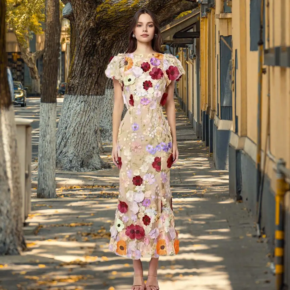 Women Fishtail Dress Round Neck Puff Short Sleeve Embroidered 3D Flower Decor Midi Dress Hip Wrapped Long Dress Длинная Юбка