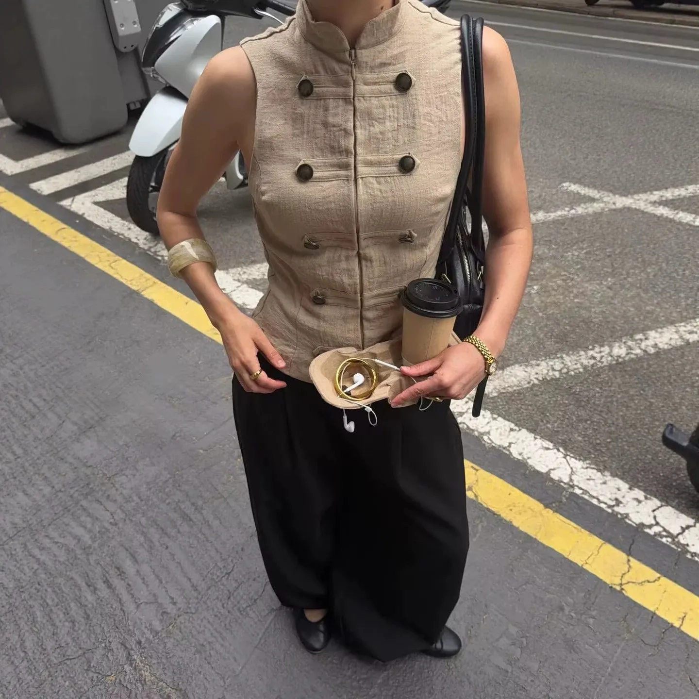 Women Stand Collar Sleeveless Top Double Breasted Decor Buttons Front Zip Slim Fit Cropped Casual Outer Top