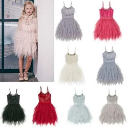 High Quality Baby Girl Rustic Lace Sling Dress Kids Princess Birthday Dress Rhinestone Sashes Tutu Dress Girls Party Gown CA555