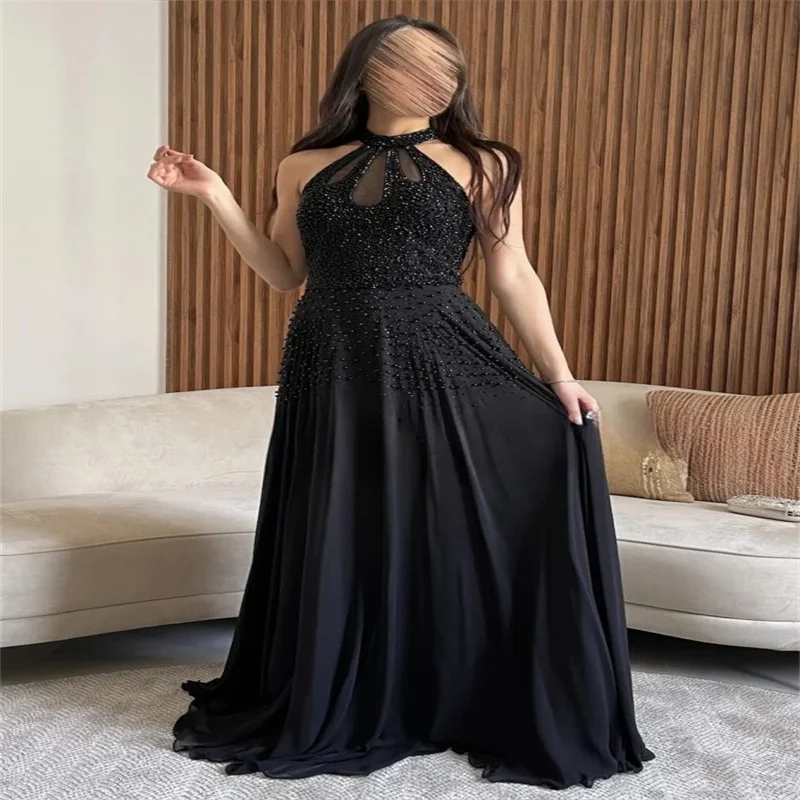 Halter Black Long  Prom Dress 2024 For Black girls Luxury Beading Graduation Gown A Line Birthday Party Evening Dress Hottest